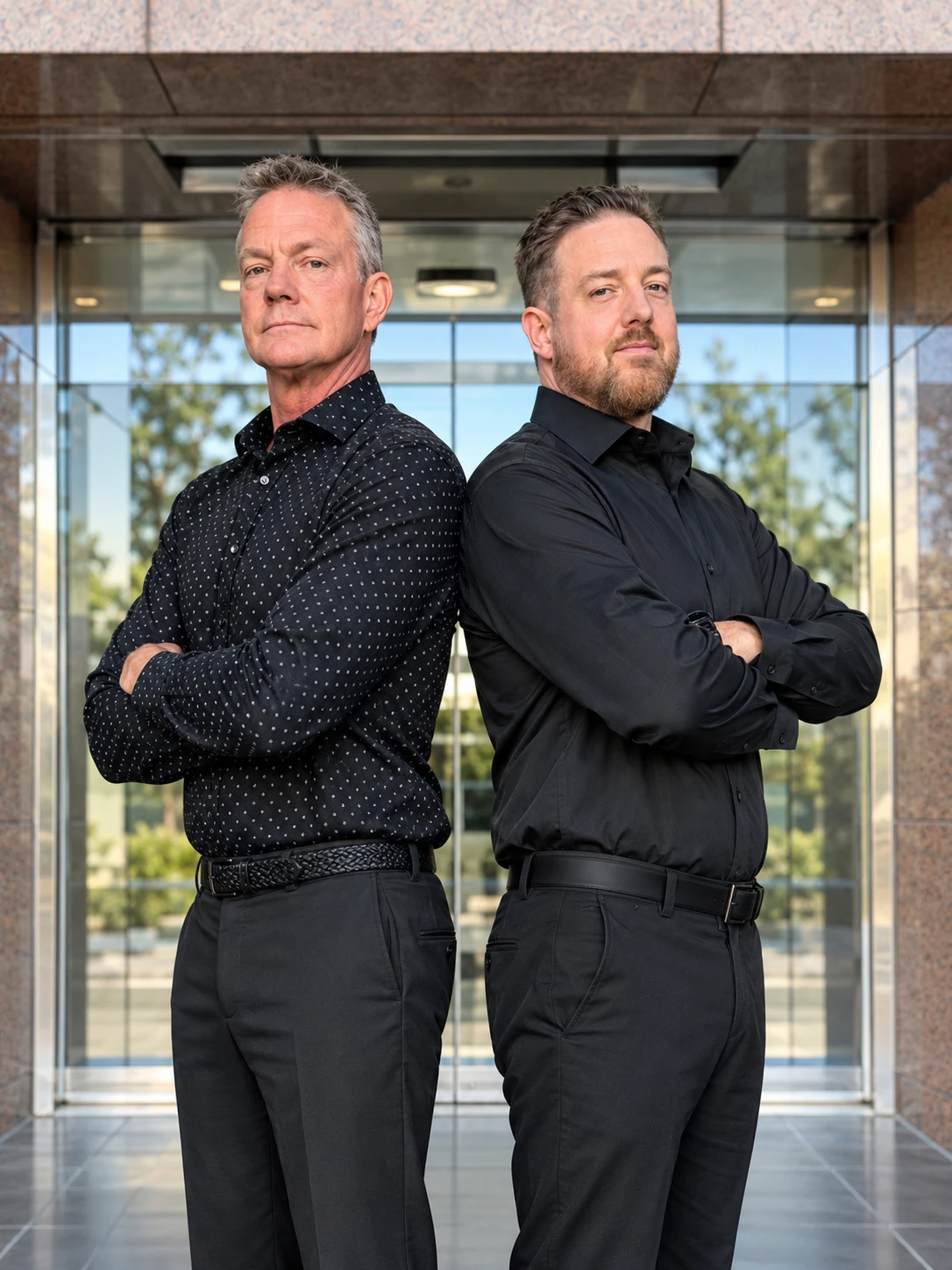 The two brothers who co-founded MAP Guardians, standing back to back outside their office